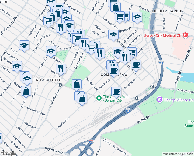 map of restaurants, bars, coffee shops, grocery stores, and more near 163 Van Horne Street in Jersey City