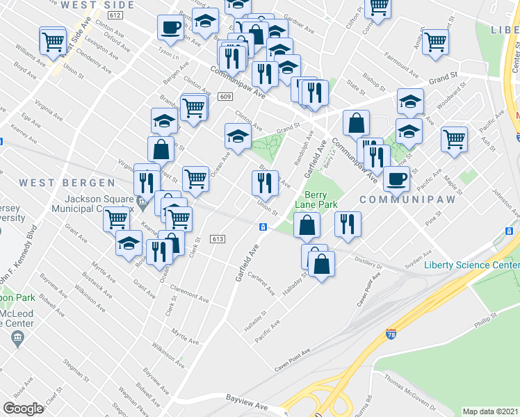 map of restaurants, bars, coffee shops, grocery stores, and more near 23 Union Street in Jersey City