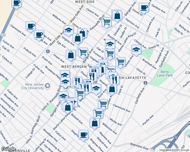 map of restaurants, bars, coffee shops, grocery stores, and more near 65 Ege Avenue in Jersey City