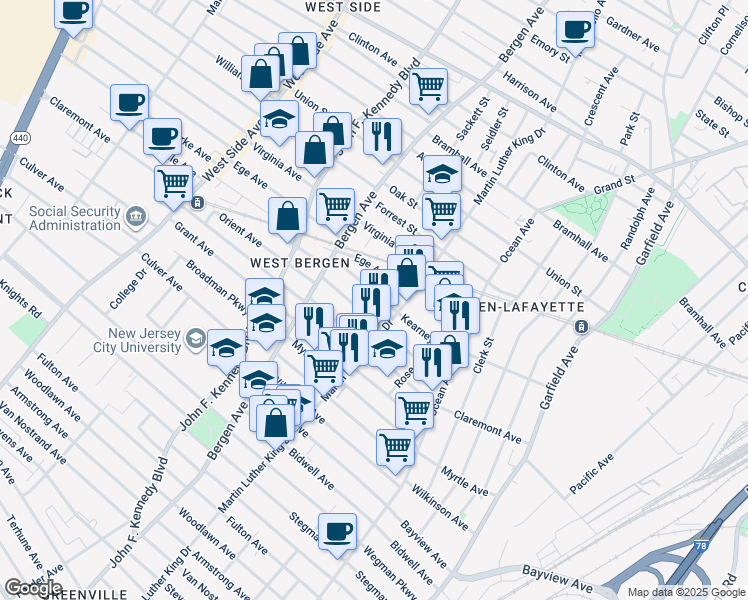map of restaurants, bars, coffee shops, grocery stores, and more near 104 Orient Avenue in Jersey City