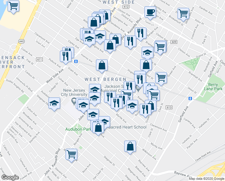 map of restaurants, bars, coffee shops, grocery stores, and more near 125 Orient Avenue in Jersey City