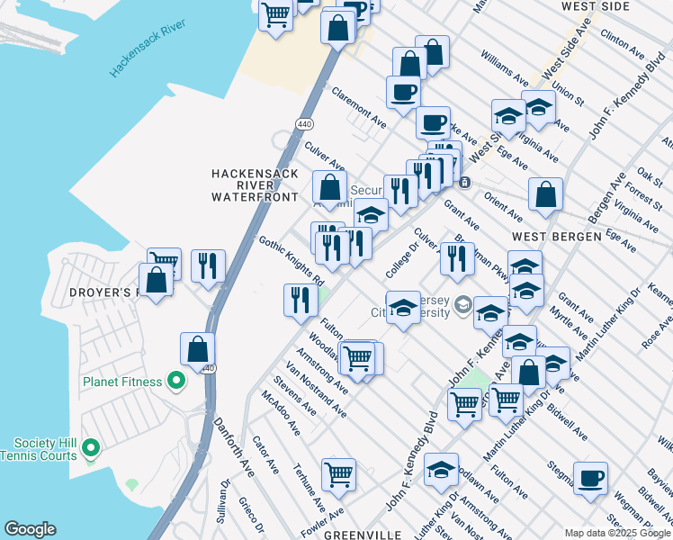 map of restaurants, bars, coffee shops, grocery stores, and more near 179 West Side Avenue in Jersey City