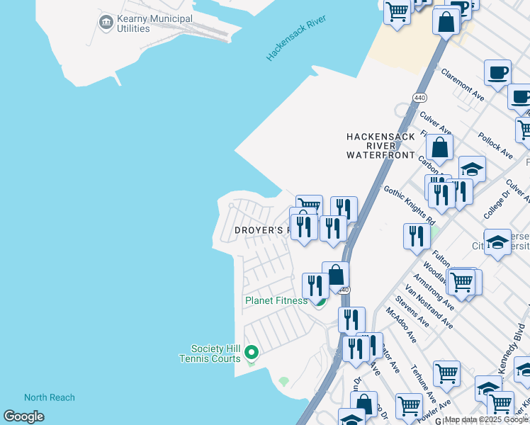map of restaurants, bars, coffee shops, grocery stores, and more near 1 Alexander Court in Jersey City
