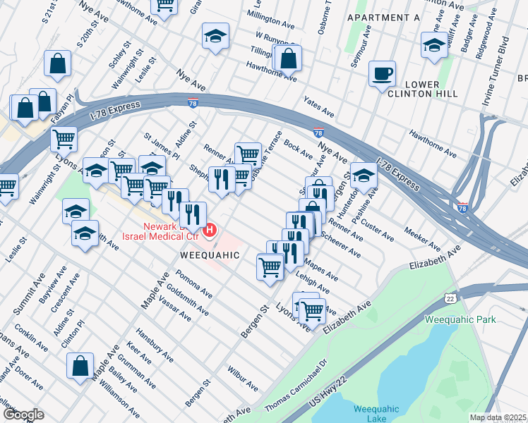 map of restaurants, bars, coffee shops, grocery stores, and more near 181 Shephard Avenue in Newark