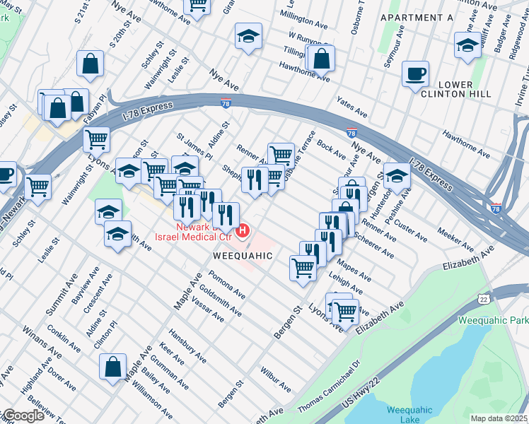 map of restaurants, bars, coffee shops, grocery stores, and more near 176 Huntington Terrace in Newark