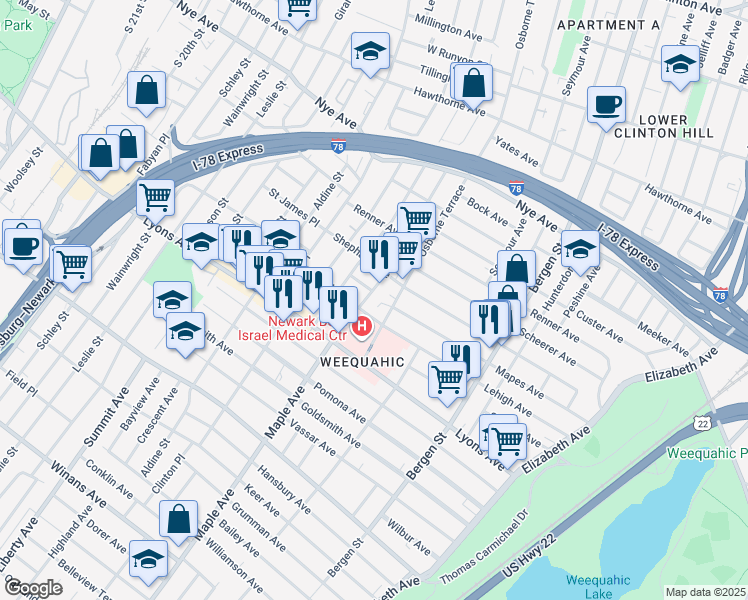map of restaurants, bars, coffee shops, grocery stores, and more near 6 Mapes Terrace in Newark