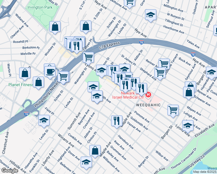 map of restaurants, bars, coffee shops, grocery stores, and more near 300 Weequahic Avenue in Newark