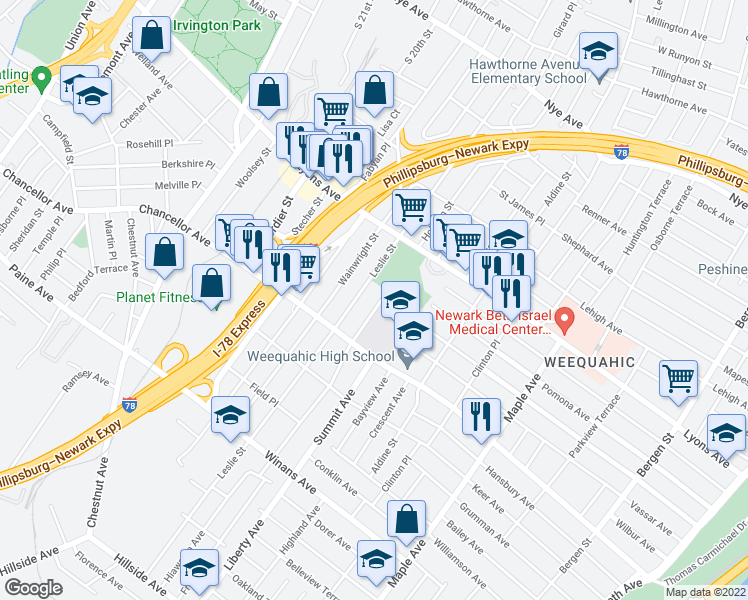 map of restaurants, bars, coffee shops, grocery stores, and more near 265 Hobson Street in Newark