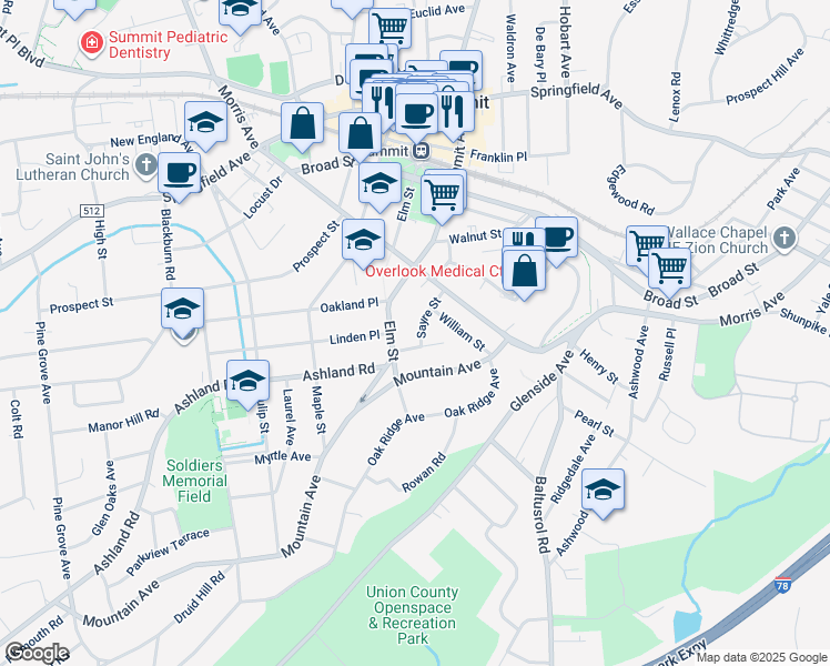 map of restaurants, bars, coffee shops, grocery stores, and more near 17 Sayre Street in Summit