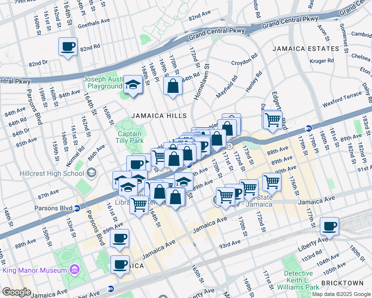 map of restaurants, bars, coffee shops, grocery stores, and more near 87-25 168th Place in Queens