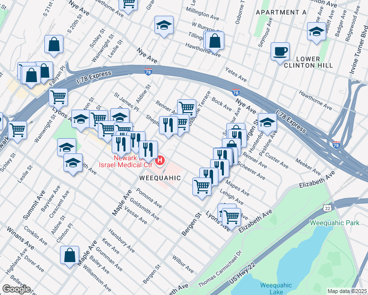 map of restaurants, bars, coffee shops, grocery stores, and more near 176 Huntington Terrace in Newark