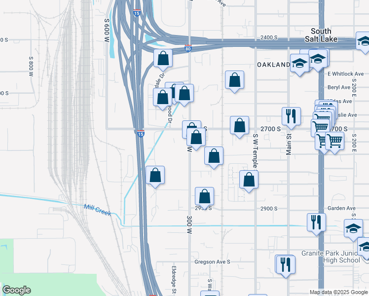 map of restaurants, bars, coffee shops, grocery stores, and more near 2754 South 300 West in South Salt Lake