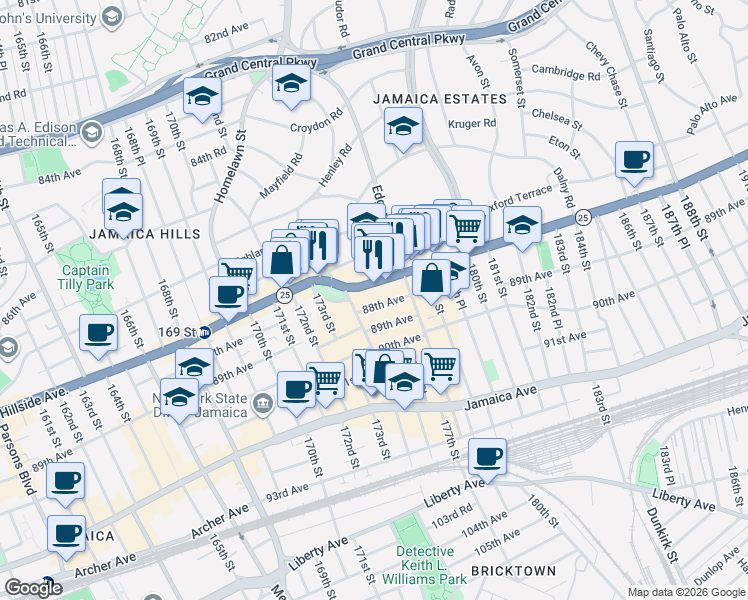 map of restaurants, bars, coffee shops, grocery stores, and more near 175-21 88th Avenue in Queens
