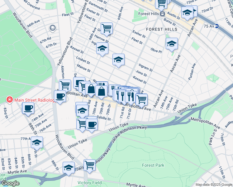 map of restaurants, bars, coffee shops, grocery stores, and more near 70-48 Nansen Street in Queens
