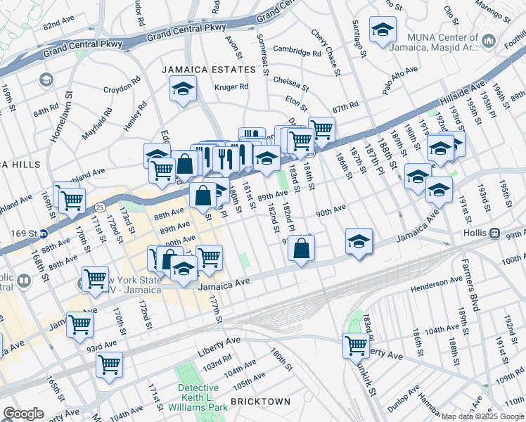 map of restaurants, bars, coffee shops, grocery stores, and more near 181-11 90th Avenue in Queens