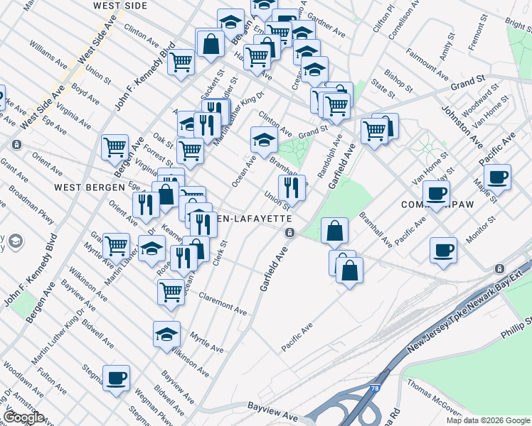 map of restaurants, bars, coffee shops, grocery stores, and more near 1 Minerva Street in Jersey City