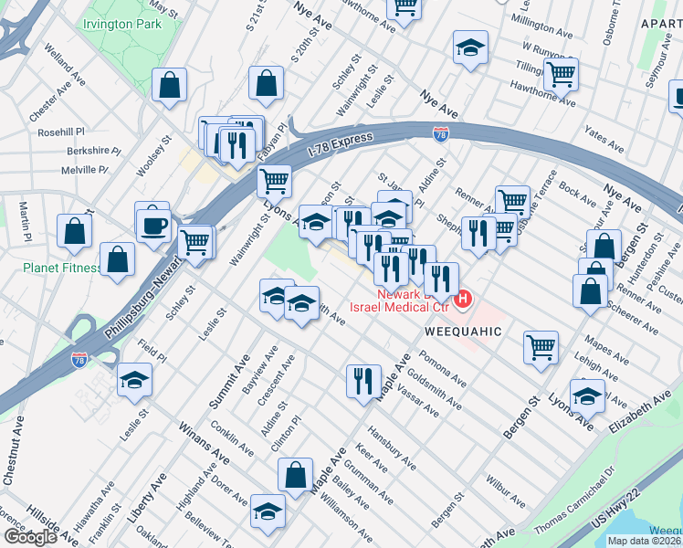 map of restaurants, bars, coffee shops, grocery stores, and more near 300 Weequahic Avenue in Newark