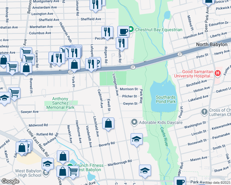 map of restaurants, bars, coffee shops, grocery stores, and more near 356 Livingston Avenue in Babylon