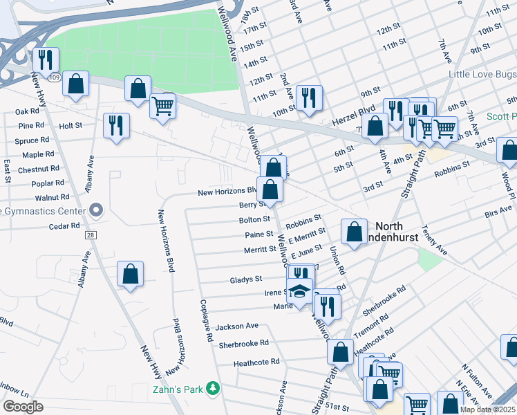 map of restaurants, bars, coffee shops, grocery stores, and more near 16 Berry Street in Lindenhurst