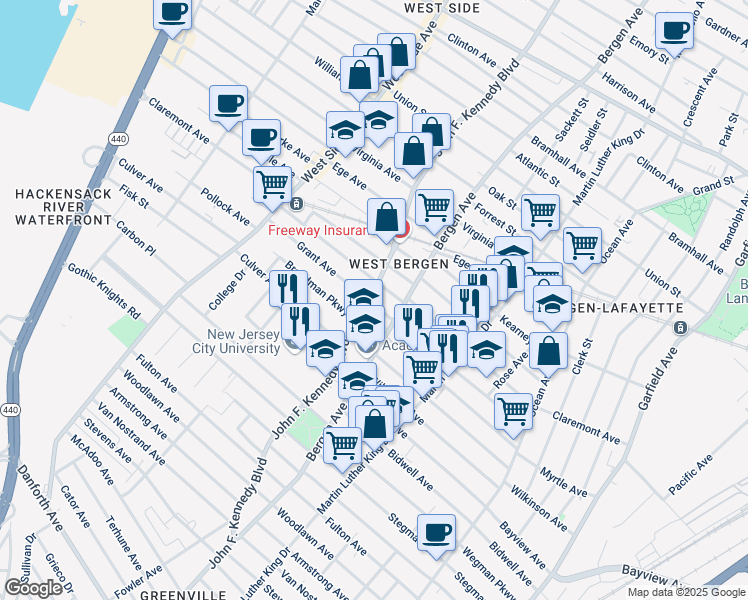 map of restaurants, bars, coffee shops, grocery stores, and more near 2130 John F. Kennedy Boulevard in Jersey City