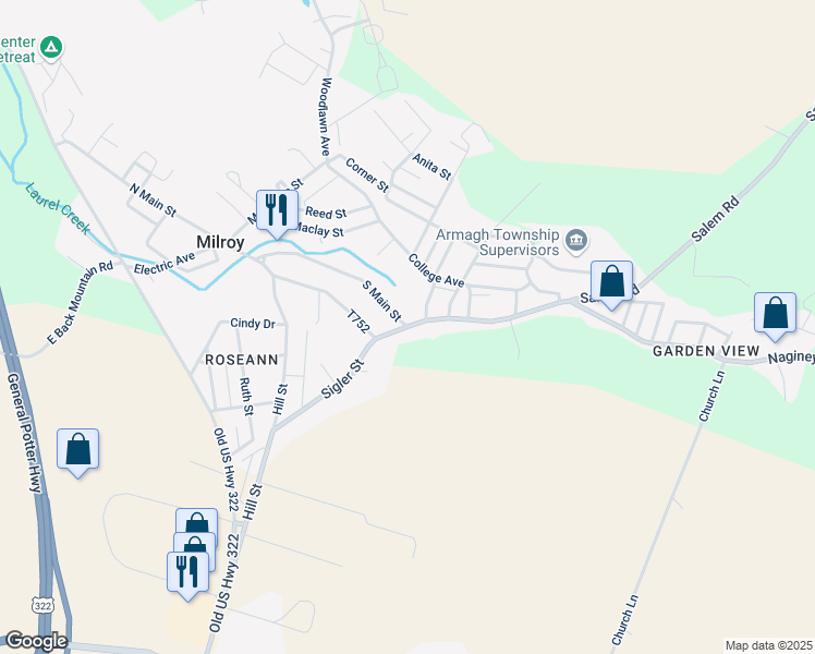 map of restaurants, bars, coffee shops, grocery stores, and more near 10 South Main Street in Milroy