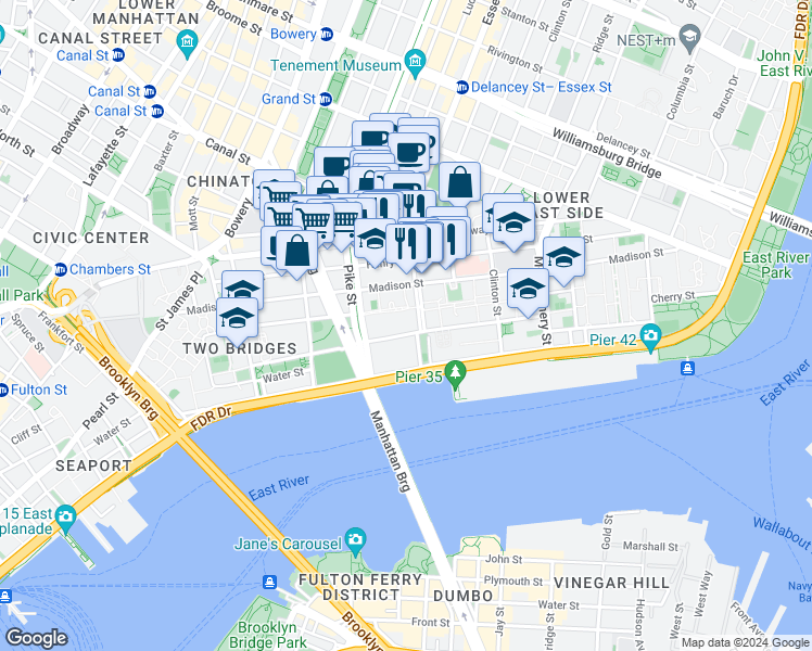 map of restaurants, bars, coffee shops, grocery stores, and more near 244 Cherry Street in New York