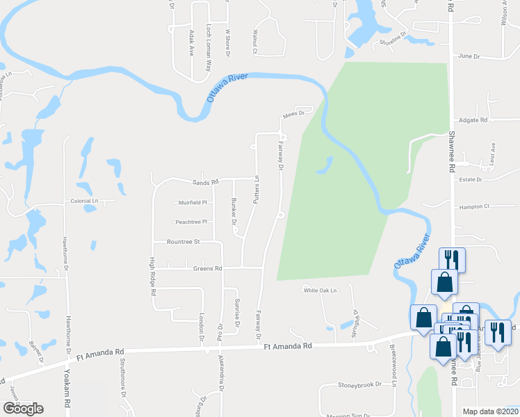 map of restaurants, bars, coffee shops, grocery stores, and more near 1523 Putters Lane in Lima