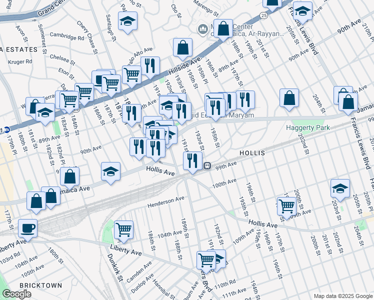 map of restaurants, bars, coffee shops, grocery stores, and more near 96-59 191st Street in Queens
