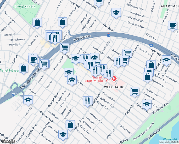 map of restaurants, bars, coffee shops, grocery stores, and more near 284 Lyons Avenue in Newark