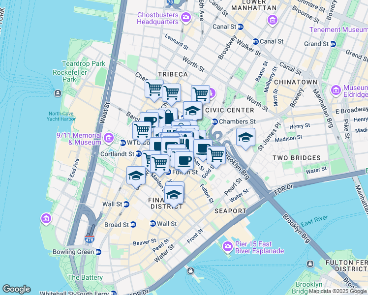 map of restaurants, bars, coffee shops, grocery stores, and more near 5 Beekman Street in New York