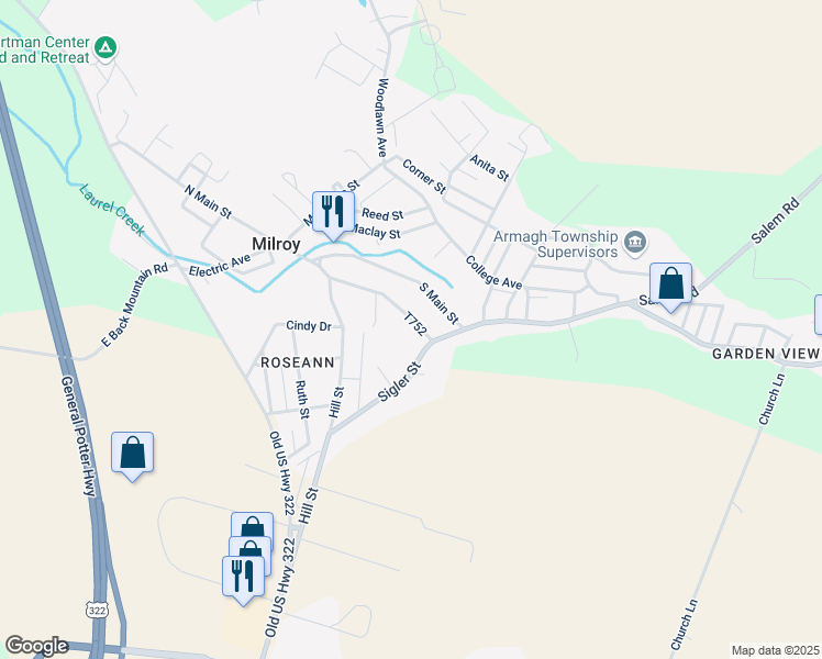map of restaurants, bars, coffee shops, grocery stores, and more near 24 Andrew Street in Milroy