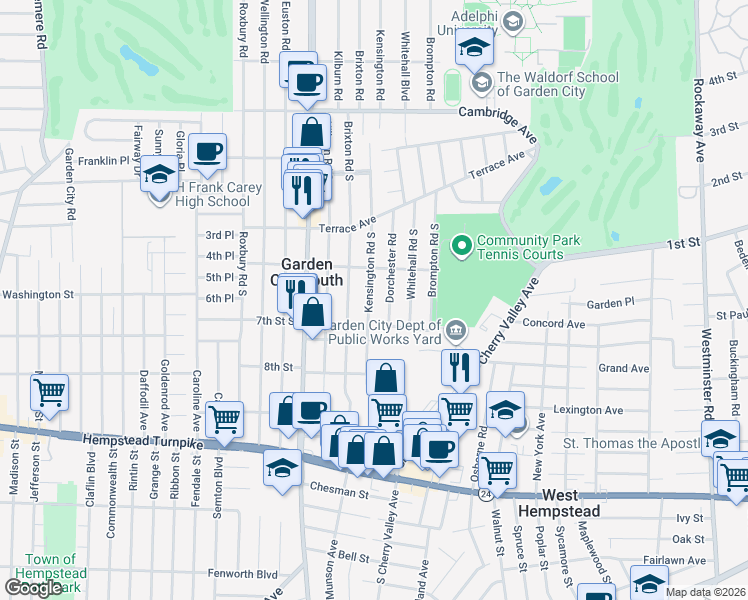map of restaurants, bars, coffee shops, grocery stores, and more near 181 Dorchester Road in Garden City