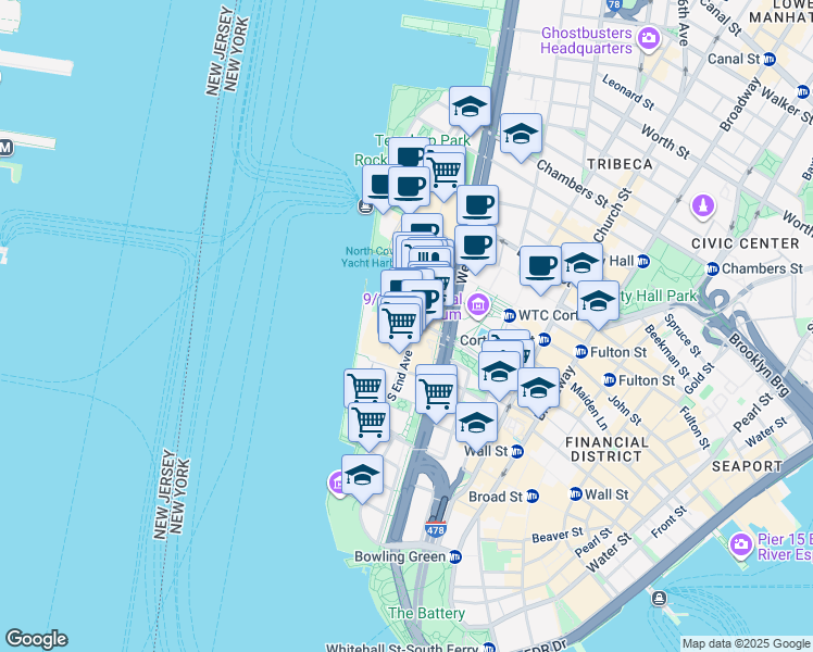 map of restaurants, bars, coffee shops, grocery stores, and more near 395 South End Avenue in New York