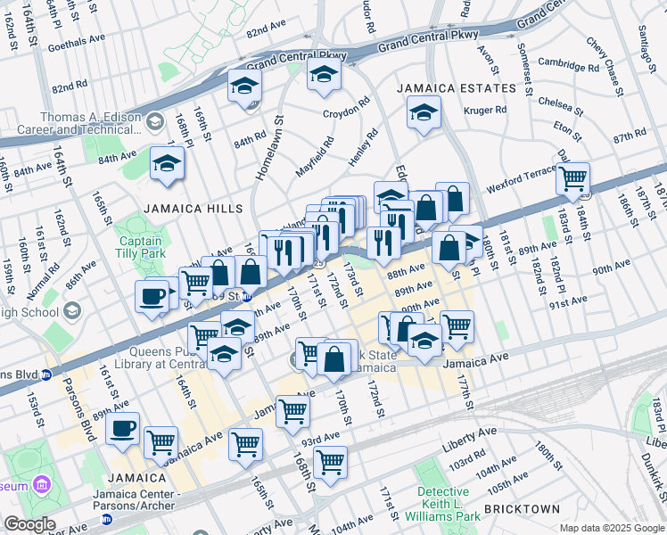 map of restaurants, bars, coffee shops, grocery stores, and more near 87-69 172nd Street in Queens