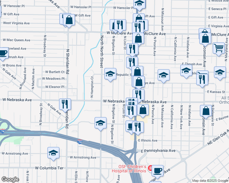 map of restaurants, bars, coffee shops, grocery stores, and more near 1922 North Bigelow Street in Peoria