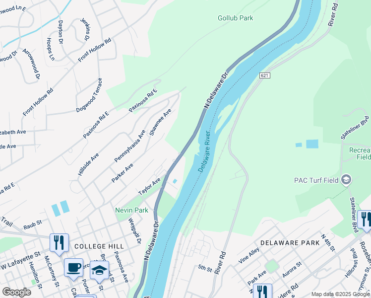 map of restaurants, bars, coffee shops, grocery stores, and more near 822 North Delaware Drive in Easton