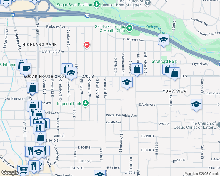 map of restaurants, bars, coffee shops, grocery stores, and more near 2748 Grandview Circle in Salt Lake City