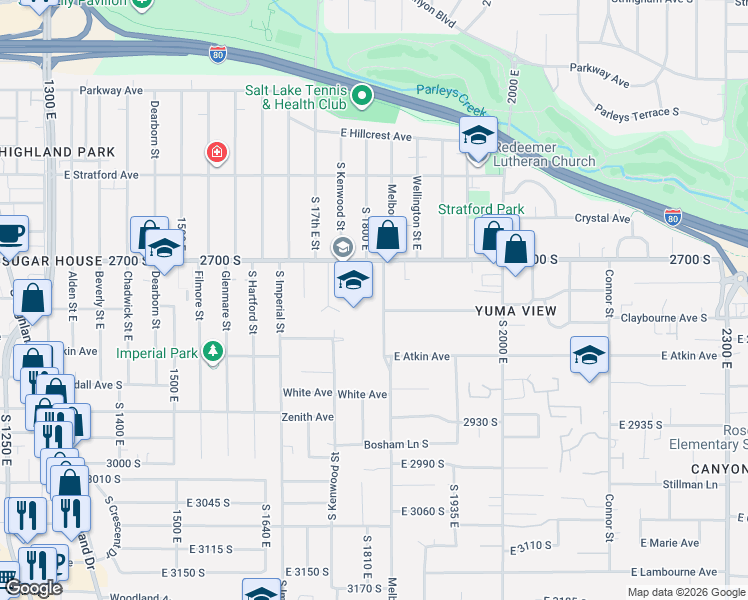 map of restaurants, bars, coffee shops, grocery stores, and more near 2758 Melbourne Street in Salt Lake City