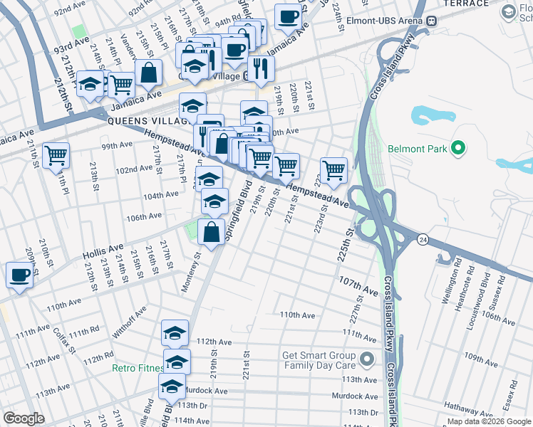 map of restaurants, bars, coffee shops, grocery stores, and more near 219-20 104th Avenue in Queens