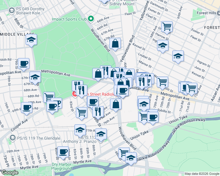 map of restaurants, bars, coffee shops, grocery stores, and more near 71-04 Woodhaven Boulevard in Queens