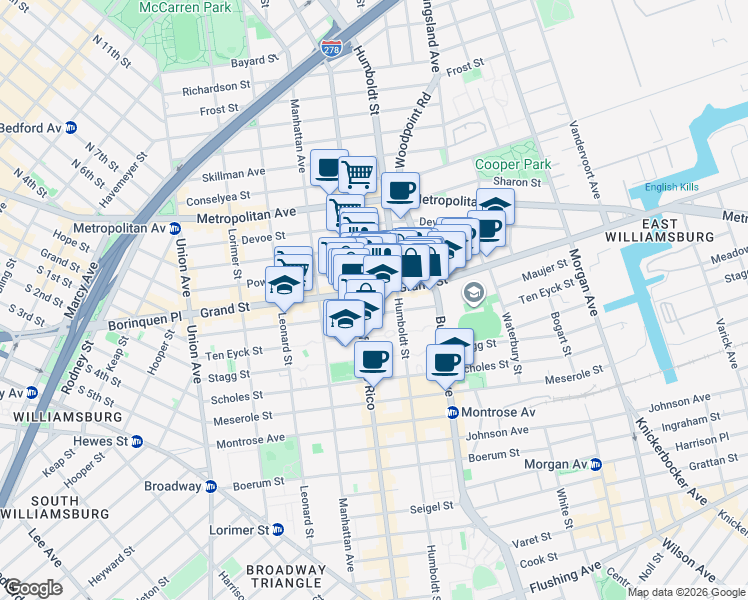 map of restaurants, bars, coffee shops, grocery stores, and more near 770 Grand Street in Brooklyn