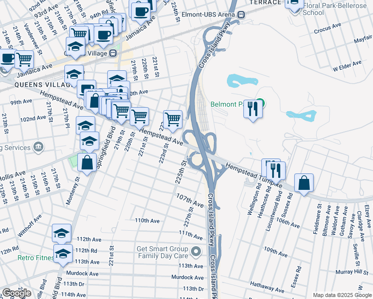 map of restaurants, bars, coffee shops, grocery stores, and more near 223-46 Hempstead Avenue in Queens