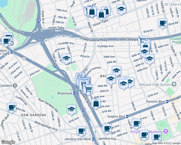 map of restaurants, bars, coffee shops, grocery stores, and more near 140-69 Burden Crescent in Queens