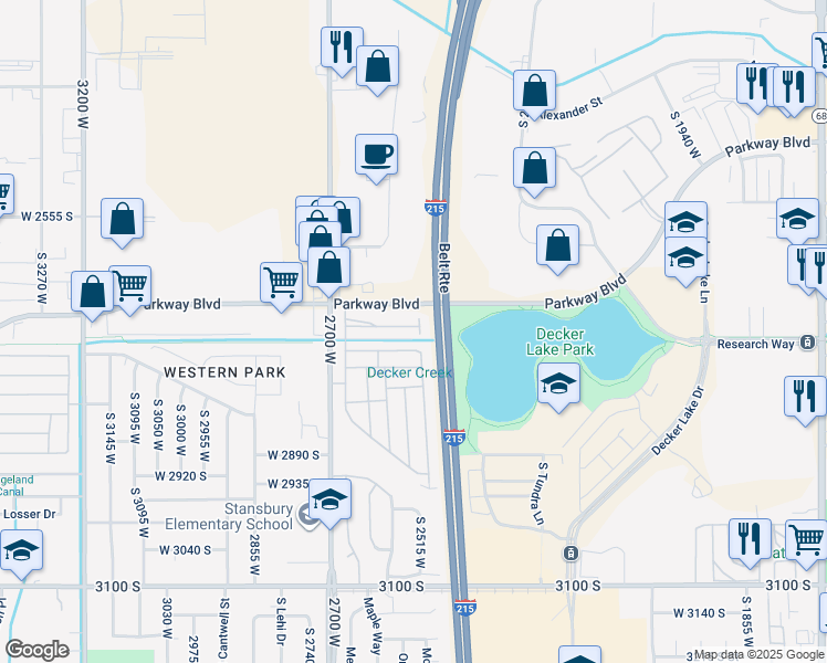 map of restaurants, bars, coffee shops, grocery stores, and more near 2555 West 2680 South in West Valley City
