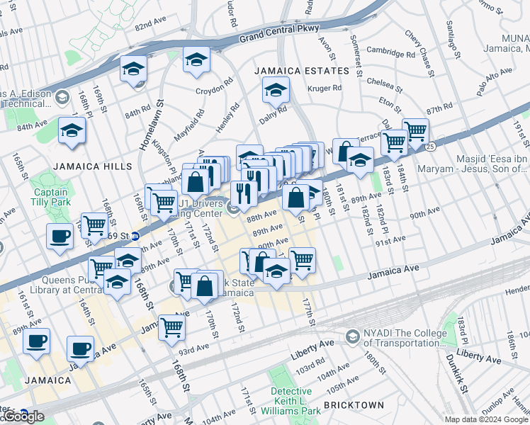 map of restaurants, bars, coffee shops, grocery stores, and more near 175-21 88th Avenue in Queens