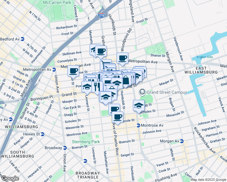 map of restaurants, bars, coffee shops, grocery stores, and more near 702 Grand Street in Brooklyn