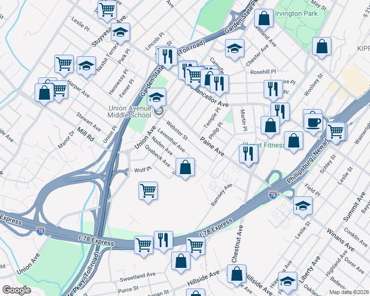 map of restaurants, bars, coffee shops, grocery stores, and more near 28 Laventhal Avenue in Irvington