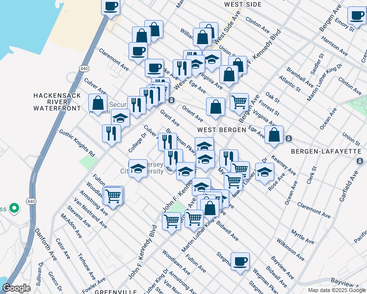 map of restaurants, bars, coffee shops, grocery stores, and more near 25 Broadman Parkway in Jersey City