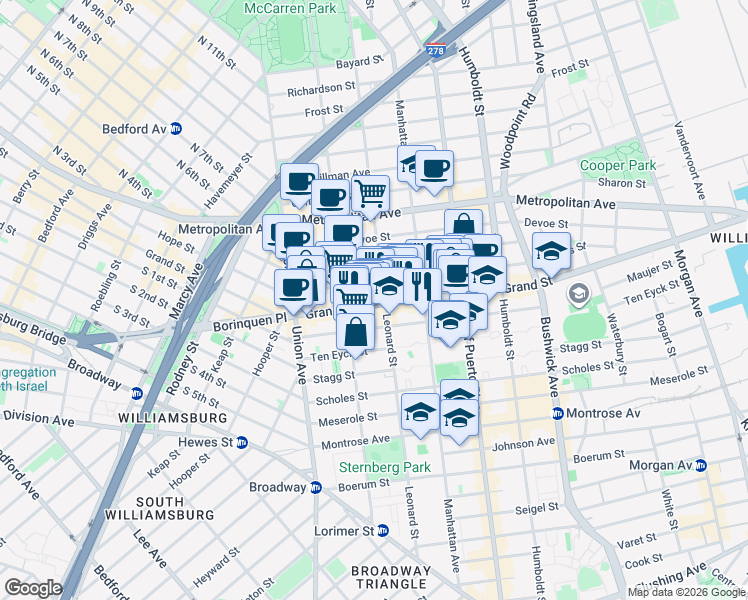 map of restaurants, bars, coffee shops, grocery stores, and more near in Brooklyn