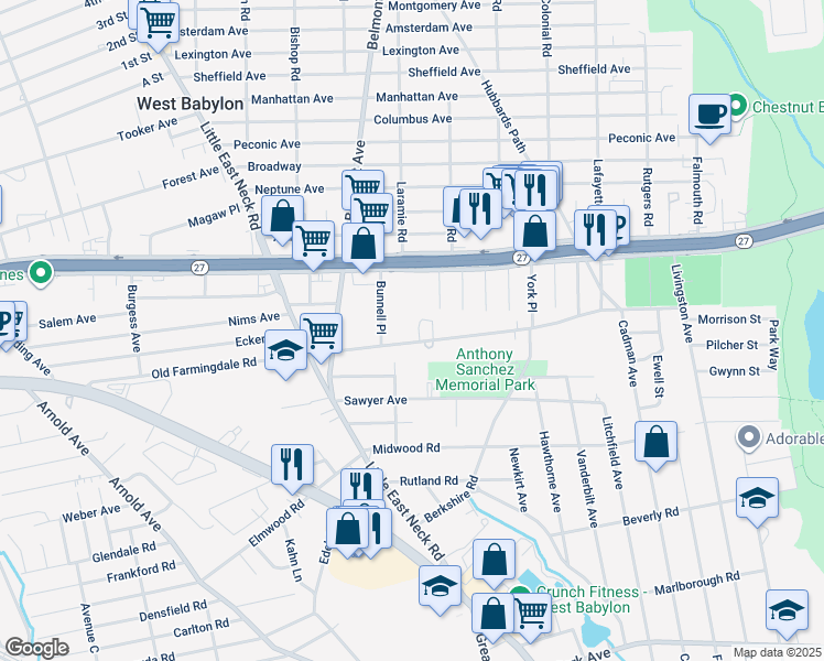 map of restaurants, bars, coffee shops, grocery stores, and more near 309 Old Farmingdale Road in West Babylon